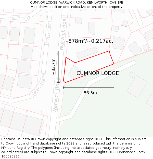 CUMNOR LODGE, WARWICK ROAD, KENILWORTH, CV8 1FB: Plot and title map