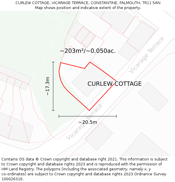 CURLEW COTTAGE, VICARAGE TERRACE, CONSTANTINE, FALMOUTH, TR11 5AN: Plot and title map