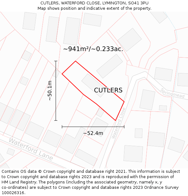 CUTLERS, WATERFORD CLOSE, LYMINGTON, SO41 3PU: Plot and title map