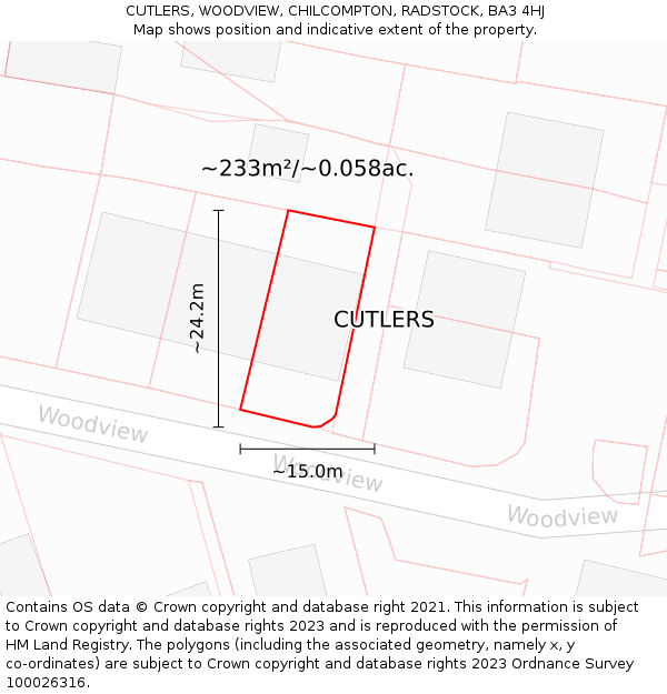 CUTLERS, WOODVIEW, CHILCOMPTON, RADSTOCK, BA3 4HJ: Plot and title map