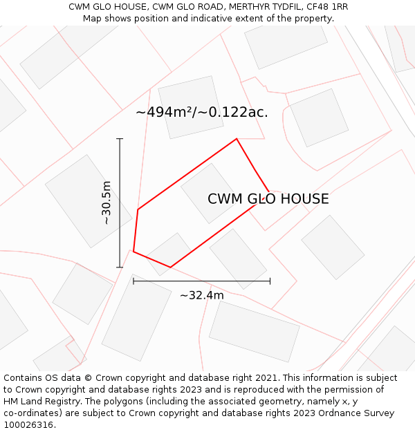 CWM GLO HOUSE, CWM GLO ROAD, MERTHYR TYDFIL, CF48 1RR: Plot and title map