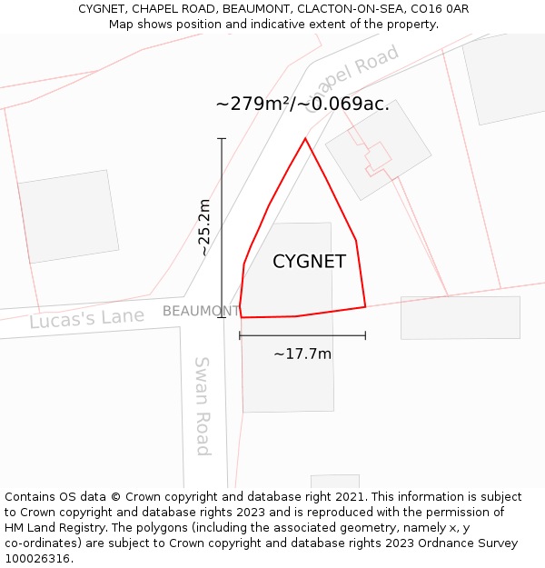 CYGNET, CHAPEL ROAD, BEAUMONT, CLACTON-ON-SEA, CO16 0AR: Plot and title map