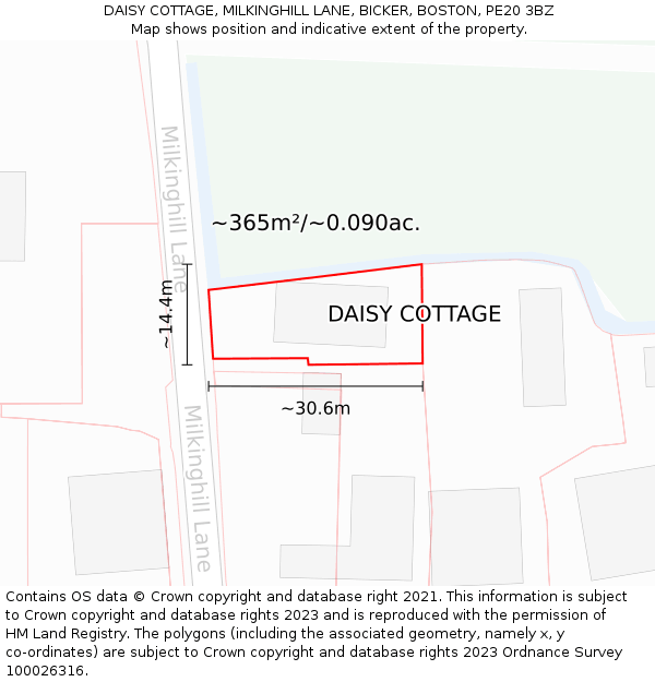 DAISY COTTAGE, MILKINGHILL LANE, BICKER, BOSTON, PE20 3BZ: Plot and title map
