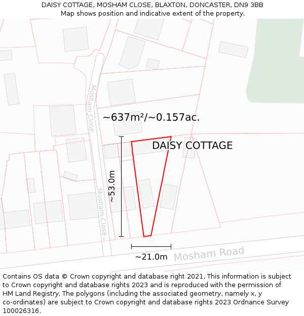 DAISY COTTAGE, MOSHAM CLOSE, BLAXTON, DONCASTER, DN9 3BB: Plot and title map