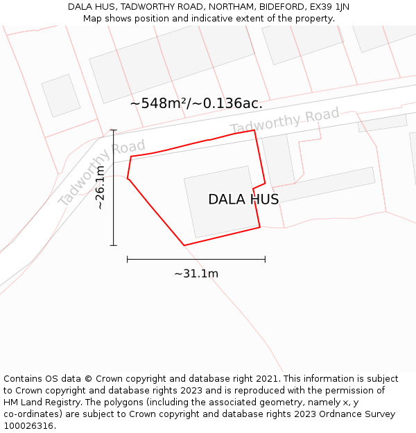 DALA HUS, TADWORTHY ROAD, NORTHAM, BIDEFORD, EX39 1JN: Plot and title map