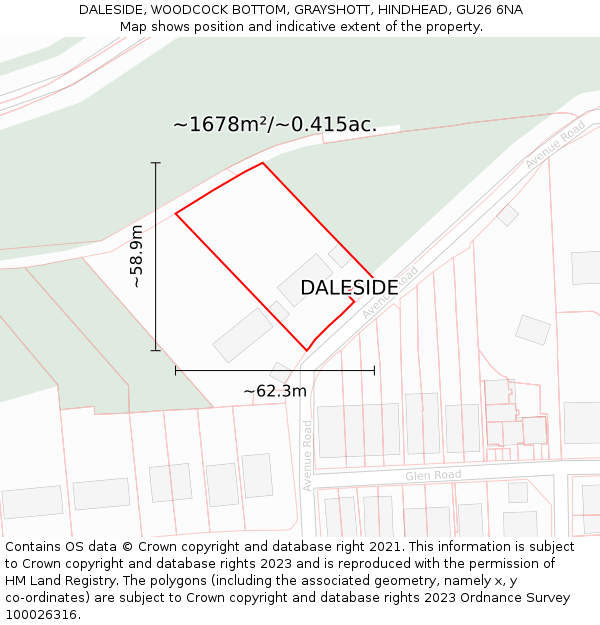 DALESIDE, WOODCOCK BOTTOM, GRAYSHOTT, HINDHEAD, GU26 6NA: Plot and title map
