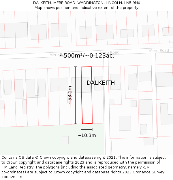 DALKEITH, MERE ROAD, WADDINGTON, LINCOLN, LN5 9NX: Plot and title map