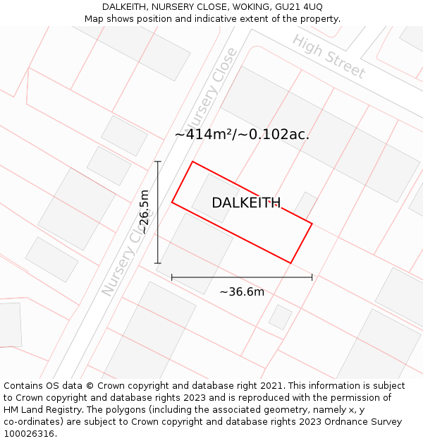 DALKEITH, NURSERY CLOSE, WOKING, GU21 4UQ: Plot and title map