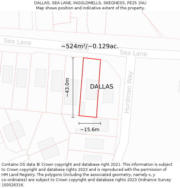 DALLAS, SEA LANE, INGOLDMELLS, SKEGNESS, PE25 1NU: Plot and title map