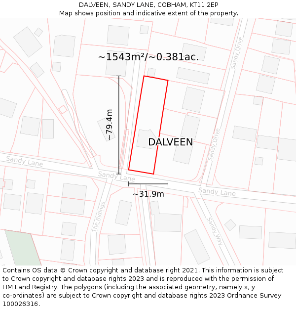 DALVEEN, SANDY LANE, COBHAM, KT11 2EP: Plot and title map