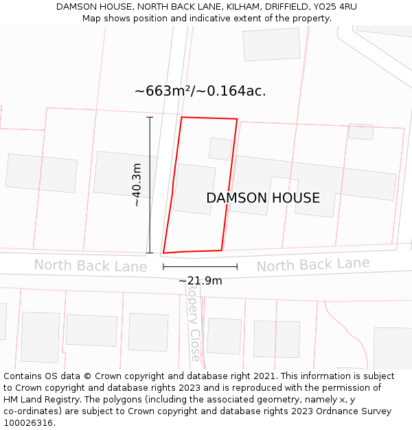 DAMSON HOUSE, NORTH BACK LANE, KILHAM, DRIFFIELD, YO25 4RU: Plot and title map