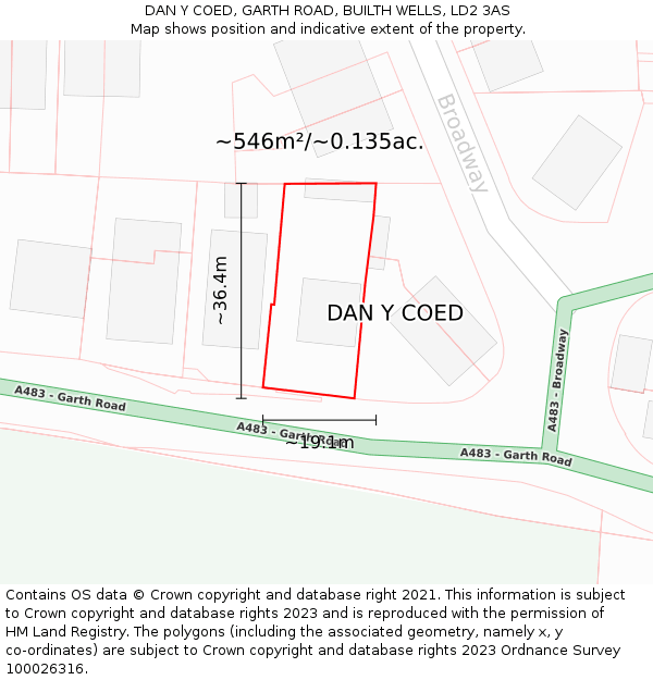 DAN Y COED, GARTH ROAD, BUILTH WELLS, LD2 3AS: Plot and title map