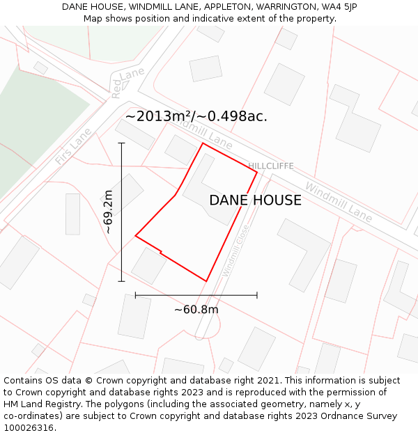 DANE HOUSE, WINDMILL LANE, APPLETON, WARRINGTON, WA4 5JP: Plot and title map