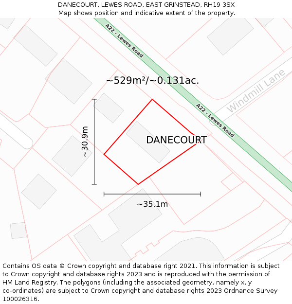 DANECOURT, LEWES ROAD, EAST GRINSTEAD, RH19 3SX: Plot and title map