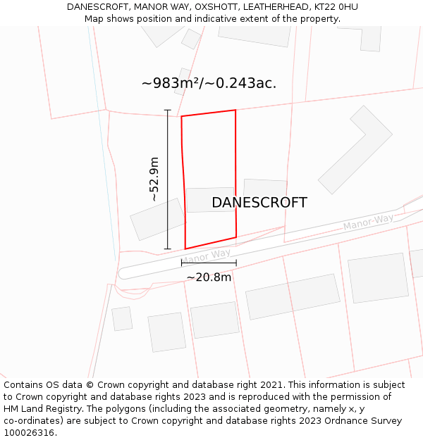 DANESCROFT, MANOR WAY, OXSHOTT, LEATHERHEAD, KT22 0HU: Plot and title map