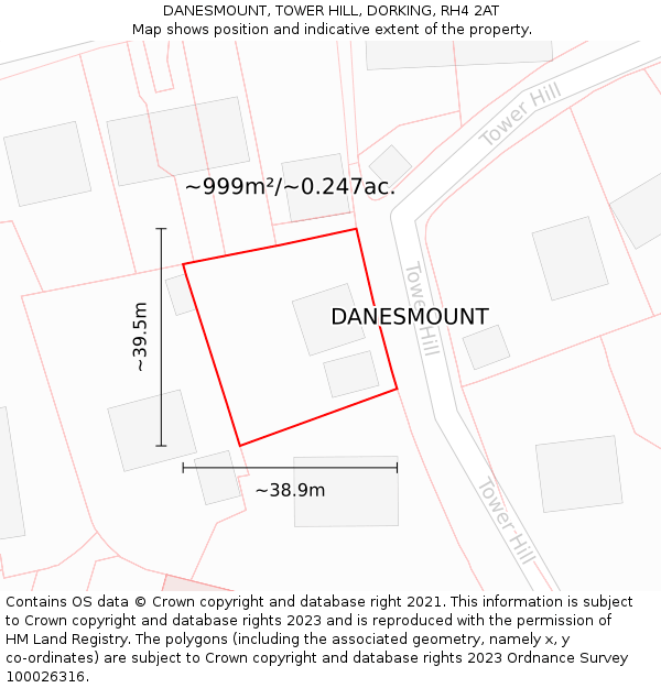 DANESMOUNT, TOWER HILL, DORKING, RH4 2AT: Plot and title map
