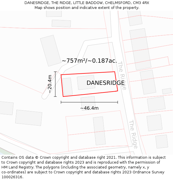 DANESRIDGE, THE RIDGE, LITTLE BADDOW, CHELMSFORD, CM3 4RX: Plot and title map
