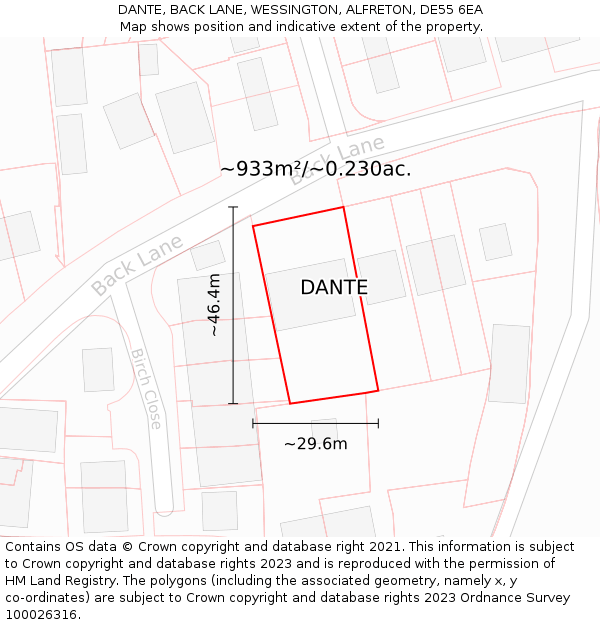 DANTE, BACK LANE, WESSINGTON, ALFRETON, DE55 6EA: Plot and title map