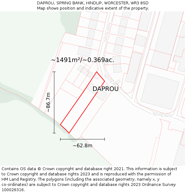DAPROU, SPRING BANK, HINDLIP, WORCESTER, WR3 8SD: Plot and title map