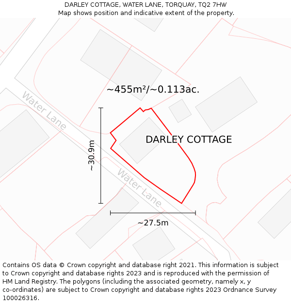 DARLEY COTTAGE, WATER LANE, TORQUAY, TQ2 7HW: Plot and title map