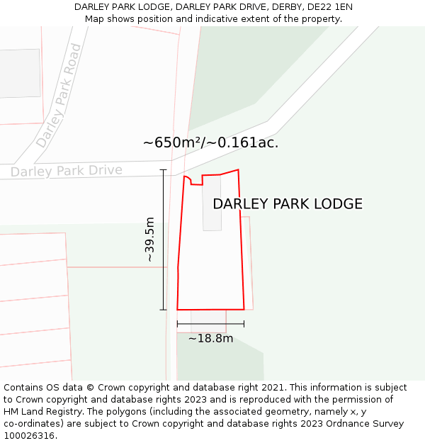 DARLEY PARK LODGE, DARLEY PARK DRIVE, DERBY, DE22 1EN: Plot and title map