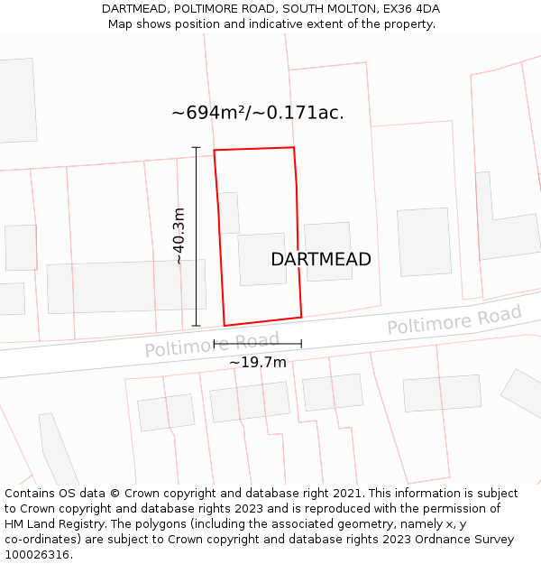 DARTMEAD, POLTIMORE ROAD, SOUTH MOLTON, EX36 4DA: Plot and title map