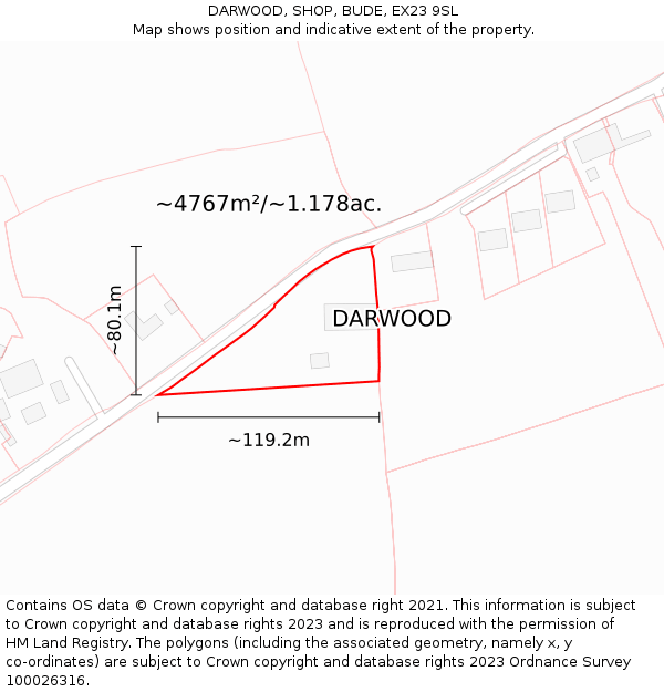 DARWOOD, SHOP, BUDE, EX23 9SL: Plot and title map