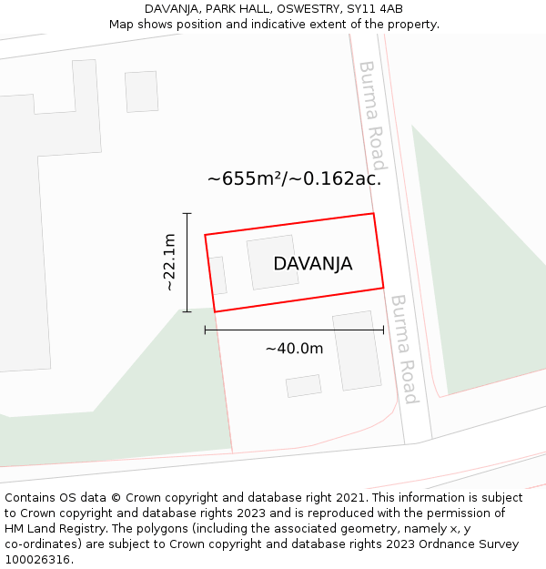 DAVANJA, PARK HALL, OSWESTRY, SY11 4AB: Plot and title map