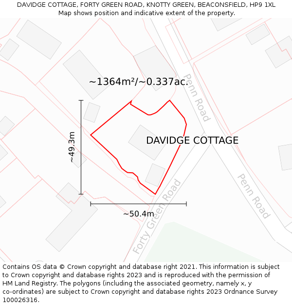 DAVIDGE COTTAGE, FORTY GREEN ROAD, KNOTTY GREEN, BEACONSFIELD, HP9 1XL: Plot and title map