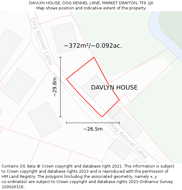 DAVLYN HOUSE, DOG KENNEL LANE, MARKET DRAYTON, TF9 1JX: Plot and title map