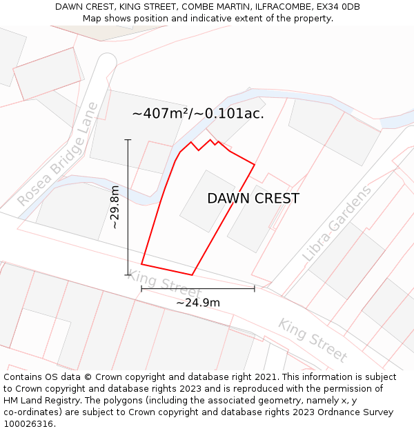 DAWN CREST, KING STREET, COMBE MARTIN, ILFRACOMBE, EX34 0DB: Plot and title map