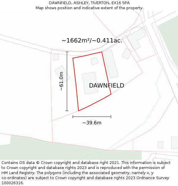 DAWNFIELD, ASHLEY, TIVERTON, EX16 5PA: Plot and title map