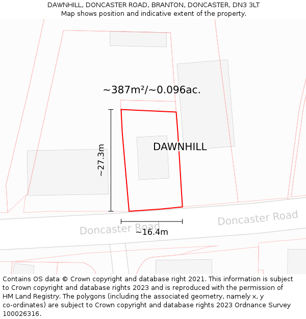 DAWNHILL, DONCASTER ROAD, BRANTON, DONCASTER, DN3 3LT: Plot and title map