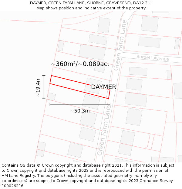 DAYMER, GREEN FARM LANE, SHORNE, GRAVESEND, DA12 3HL: Plot and title map