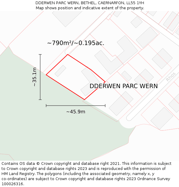DDERWEN PARC WERN, BETHEL, CAERNARFON, LL55 1YH: Plot and title map