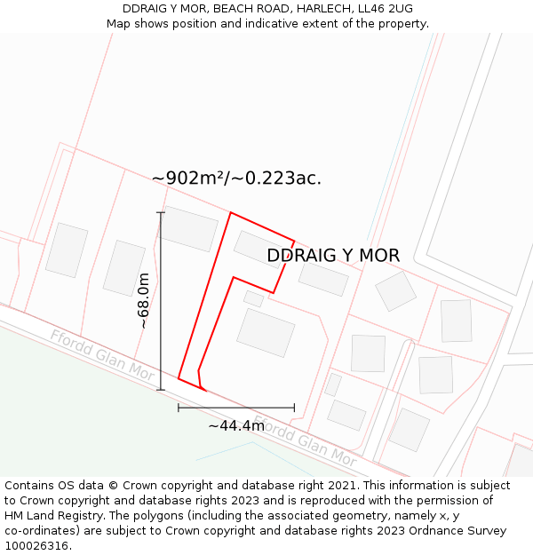 DDRAIG Y MOR, BEACH ROAD, HARLECH, LL46 2UG: Plot and title map