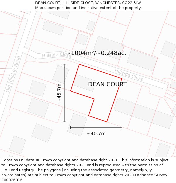 DEAN COURT, HILLSIDE CLOSE, WINCHESTER, SO22 5LW: Plot and title map