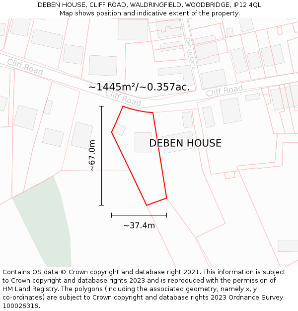 DEBEN HOUSE, CLIFF ROAD, WALDRINGFIELD, WOODBRIDGE, IP12 4QL: Plot and title map