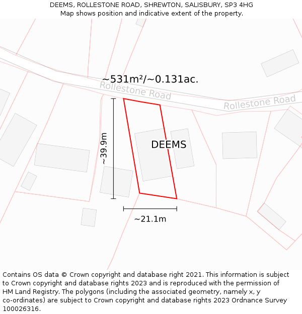 DEEMS, ROLLESTONE ROAD, SHREWTON, SALISBURY, SP3 4HG: Plot and title map