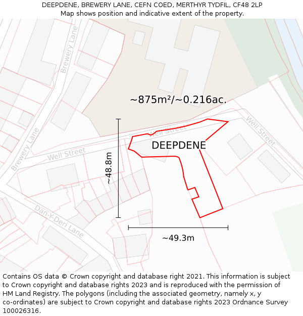 DEEPDENE, BREWERY LANE, CEFN COED, MERTHYR TYDFIL, CF48 2LP: Plot and title map