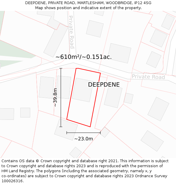 DEEPDENE, PRIVATE ROAD, MARTLESHAM, WOODBRIDGE, IP12 4SG: Plot and title map