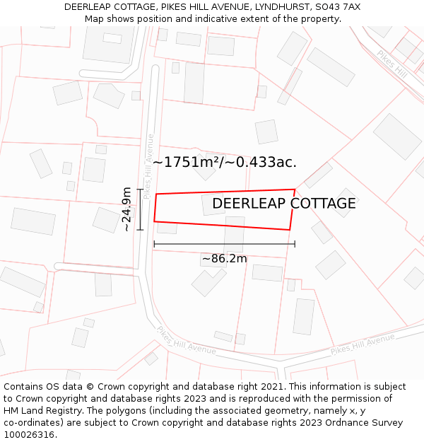 DEERLEAP COTTAGE, PIKES HILL AVENUE, LYNDHURST, SO43 7AX: Plot and title map