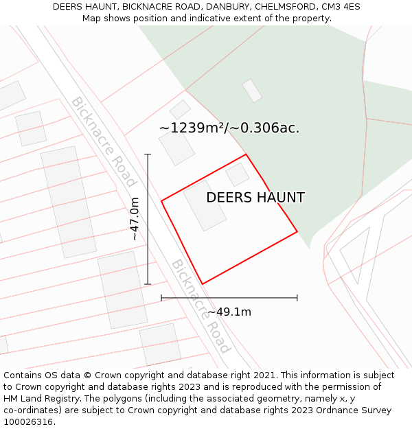 DEERS HAUNT, BICKNACRE ROAD, DANBURY, CHELMSFORD, CM3 4ES: Plot and title map