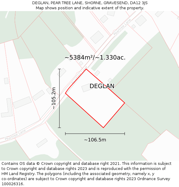 DEGLAN, PEAR TREE LANE, SHORNE, GRAVESEND, DA12 3JS: Plot and title map