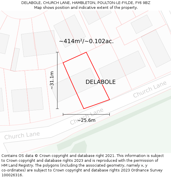 DELABOLE, CHURCH LANE, HAMBLETON, POULTON-LE-FYLDE, FY6 9BZ: Plot and title map