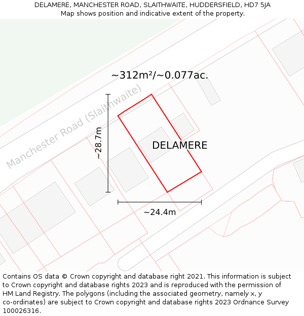 DELAMERE, MANCHESTER ROAD, SLAITHWAITE, HUDDERSFIELD, HD7 5JA: Plot and title map
