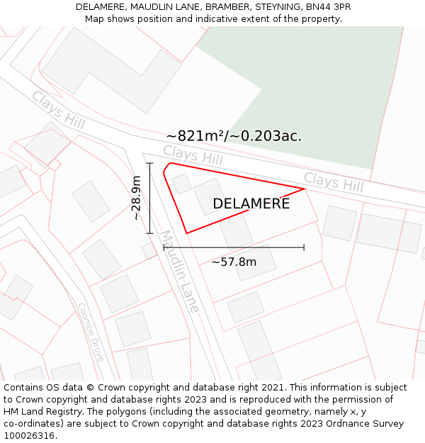 DELAMERE, MAUDLIN LANE, BRAMBER, STEYNING, BN44 3PR: Plot and title map