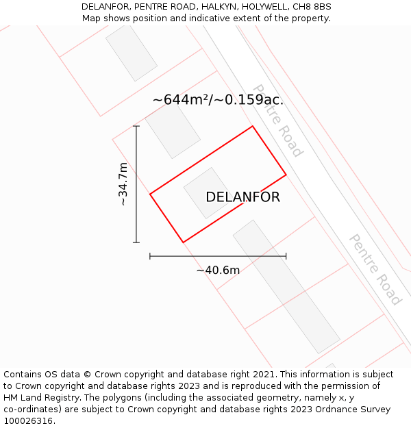 DELANFOR, PENTRE ROAD, HALKYN, HOLYWELL, CH8 8BS: Plot and title map