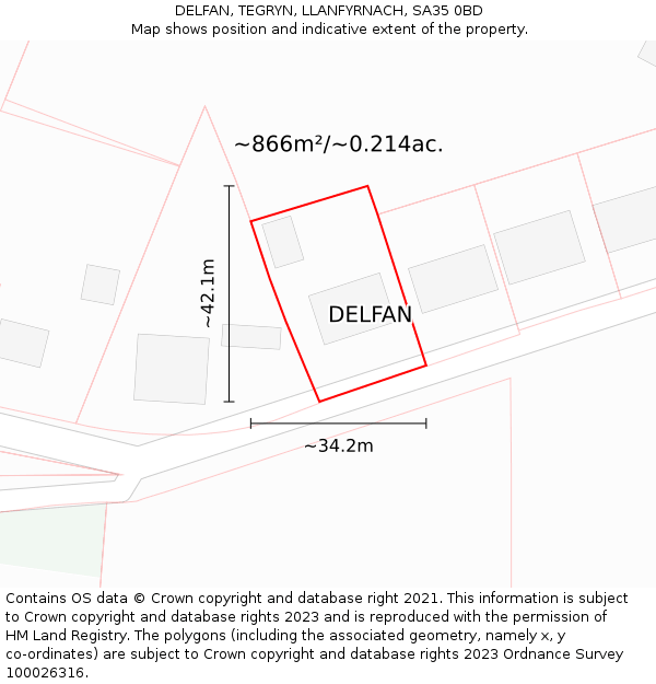 DELFAN, TEGRYN, LLANFYRNACH, SA35 0BD: Plot and title map