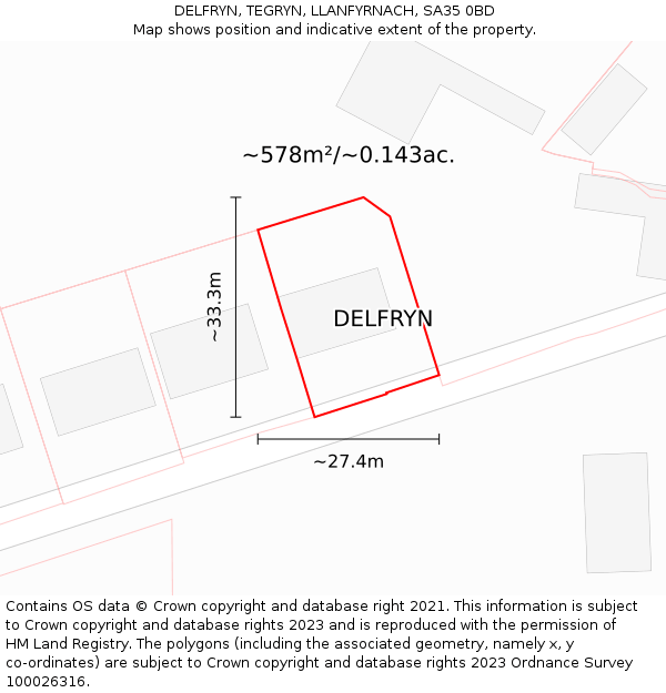 DELFRYN, TEGRYN, LLANFYRNACH, SA35 0BD: Plot and title map